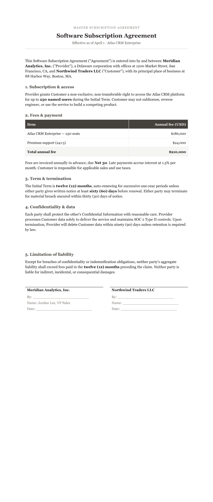 Software Subscription Agreement — DOCX preview